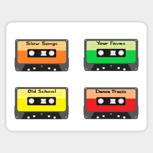 Mixtapes Pack. Set of Four Retro Cassette Mix Tapes in Vintage Colors. Slow Songs, Your Faves, Old School and Dance Tracks. (White Background) Magnet